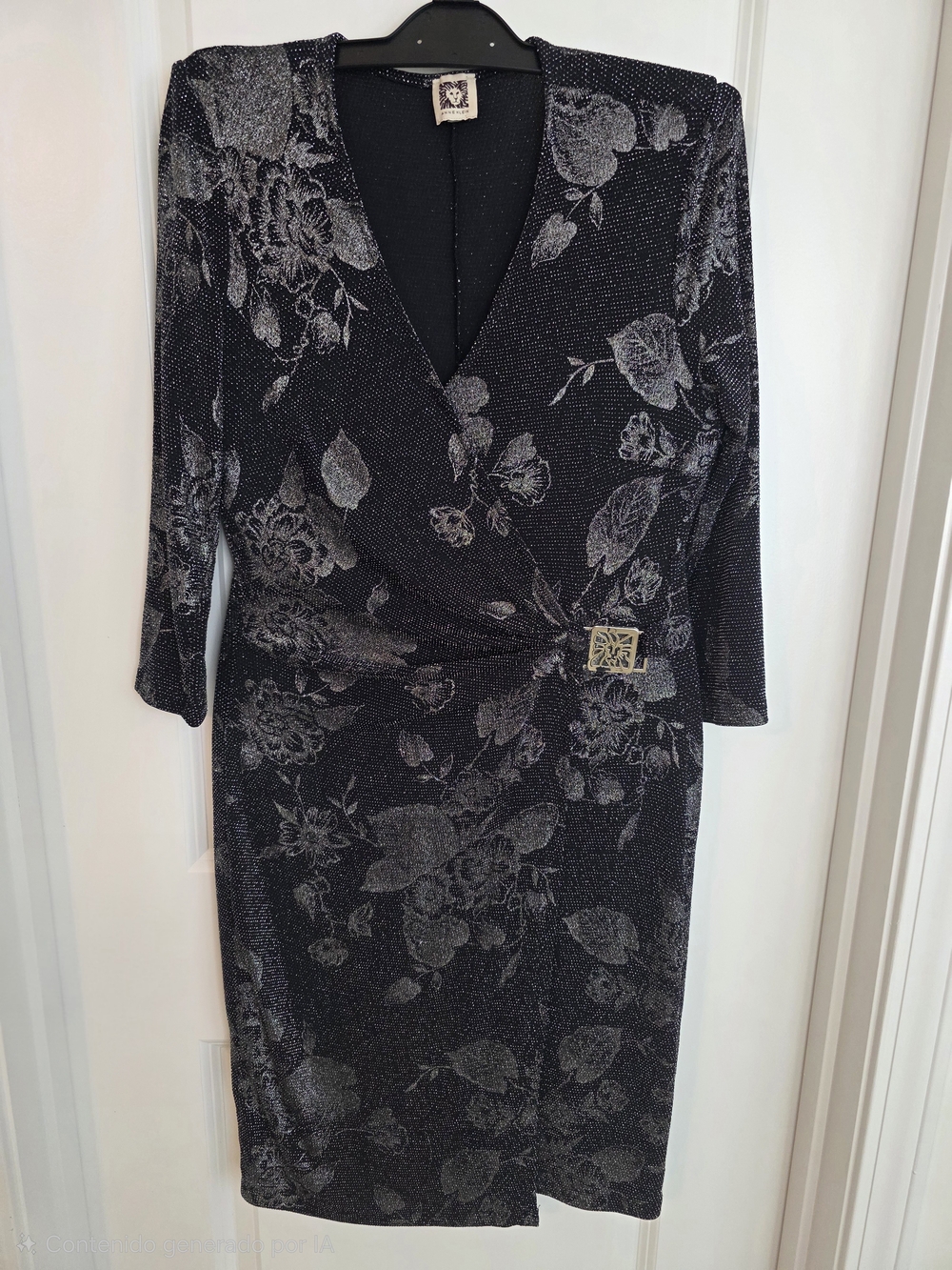 Anne Klein Black Floral Metallic-Accent Faux Wrap Dress